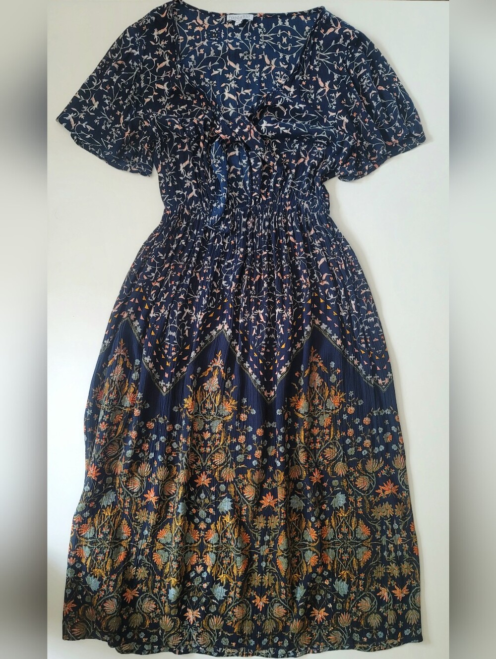Scarf Print Boho Midi Tie Front Navy Dress Size Small Festival Patrons Of Peace